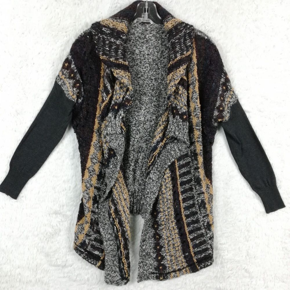 BKE Womens Sweater Cardigan Wool Blend Open Front Geometric Knit Multicolor S